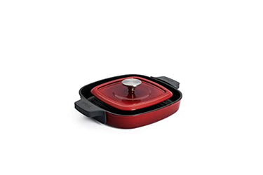 Woll Iron Grillpfanne viereckig mit Rillen, inkl. Steakpresse und Silikongriffen - Induktiv -, 24 x 24 cm, 4,5 cm hoch - Geeignet für alle Herdarten, Eisenguss, backofenfest bis zu 250°, rot im Sale